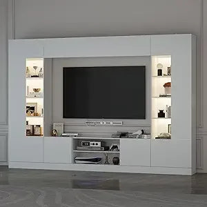 Large Entertainment Center with Storage 114 Inch Wall Unit TV Stand with Bookshelves and Light in White Modern Media Center