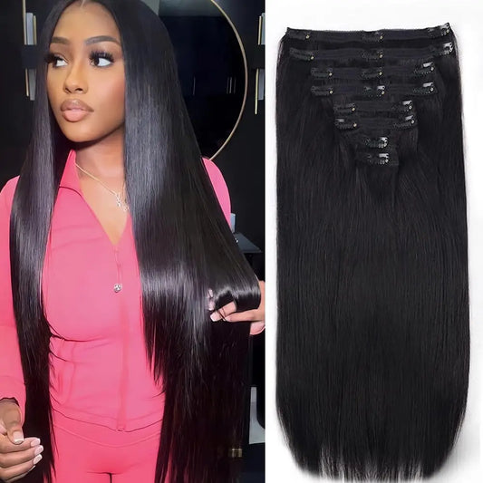 Straight Clip In Hair Extensions Real Human Hair 8Pcs Remy Hair 120g Natural Black #1B
