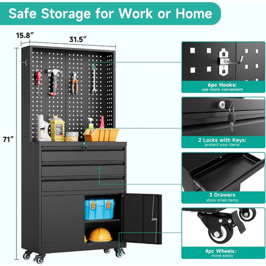 Metal Storage Cabinet with Wheels and Drawers Rolling Garage Storage Cabinet with Lock Black Metal Tool Cabinet with Hooks Tall