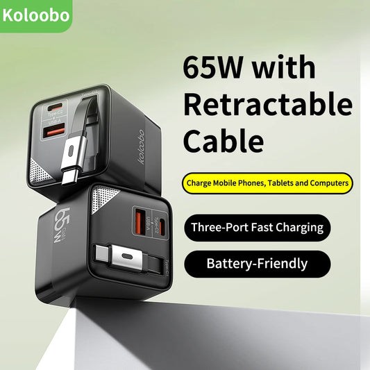 65W GaN Fast Charger Three Port Charging Head with 80cm Retractable Type C Cable for iPhone 16 15 14 13 Pro Max Xiaomi Samsung