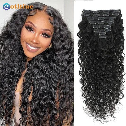 Water Wave Clip In Human Hair Extensions 8PC Set 120g Remy Virgin Curly Wavy Clip On Hair For Women Natural Color