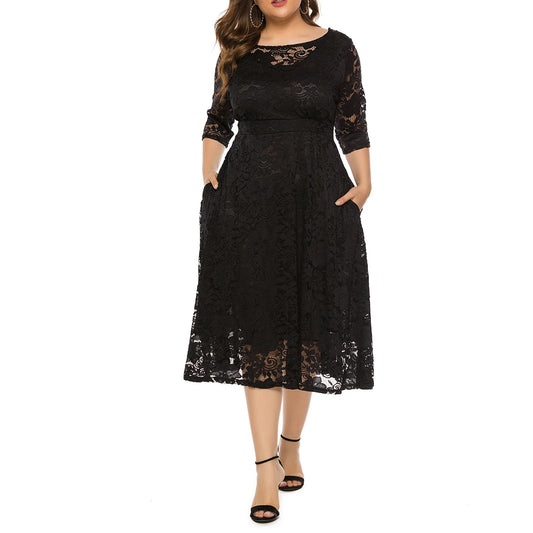 Elegant V Neck A Line Dress with Floral Lace Overlay and Pockets for Beach Parties and Evening Events Plus Size