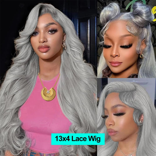Cexxy Silver Grey Body Wave 100 Percent Human Hair 13x6 HD Lace Frontal Wig Brazilian Hair 220 Density Pre Plucked Wig
