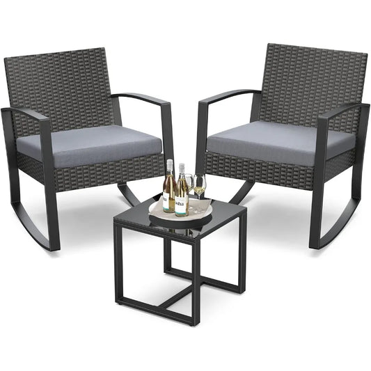 3 Pieces Patio Furniture Set Rocking Bistro Set Outdoor Rattan Conversation Coffee Table for Garden Balcony Backyard Poolside