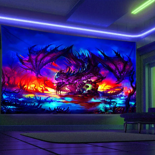 1pc Fluorescent Tapestry Horror Halloween Polyester UV Blacklight Wall Hanging for Living Room Bedroom Office Home Decor