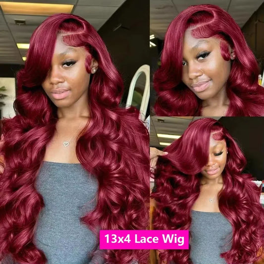 38 Inch 40 Inch 99J Burgundy 13x6 Lace Frontal Human Hair Wig 220 Percent Density Red Colored Brazilian Straight Lace Front Wig