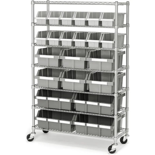 Seville Classics Commercial 7-Tier Platinum Gray NSF 22-Bin Rack Storage System with 22 Polypropylene Bins