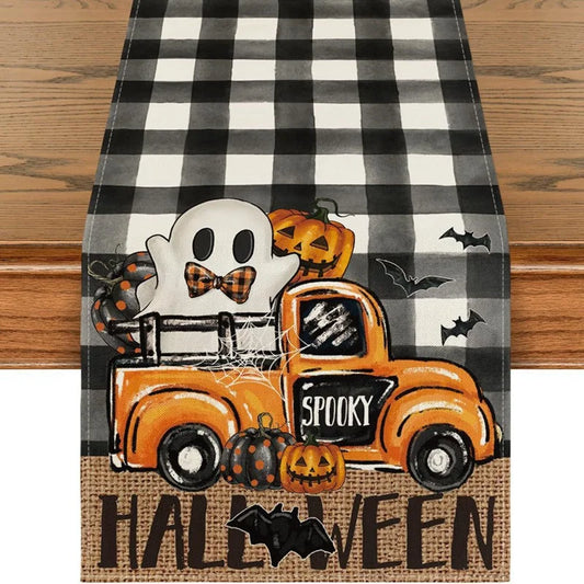 33x183cm Halloween Ghost Pumpkin Printed Cat Boo Linen Table Runner Seasonal Fall Dresser Scarf Kitchen Party Dining Table Decor