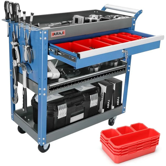 AIRAJ 3 Tier Rolling Tool Cart Mechanic Tool Cart on Wheels Industrial Utility Cart with Drawers and Pegboard 440 Pounds Capacity