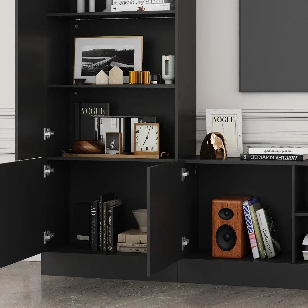 Large Entertainment Center with Storage 114 Inch Wall Unit TV Stand with Bookshelves and Light in White Modern Media Center