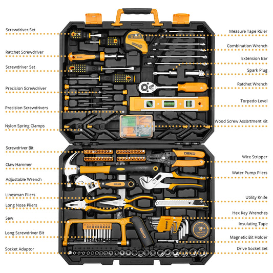 Deko 228 Piece Socket Wrench Auto Repair Tool Combination Package Mixed Tool Set with Plastic Toolbox Storage Case