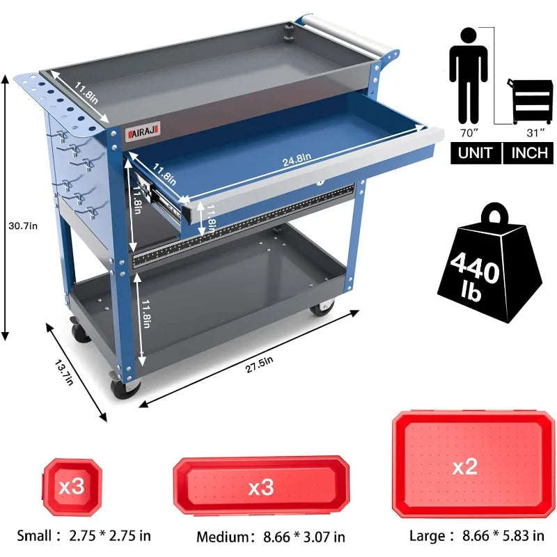 AIRAJ 3 Tier Rolling Tool Cart Mechanic Tool Cart on Wheels Industrial Utility Cart with Drawers and Pegboard 440 Pounds Capacity