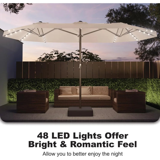 15ft Large Patio Umbrella with Solar Lights Double-Sided Rectangle Lighted Outdoor Table Umbrella with Base Included
