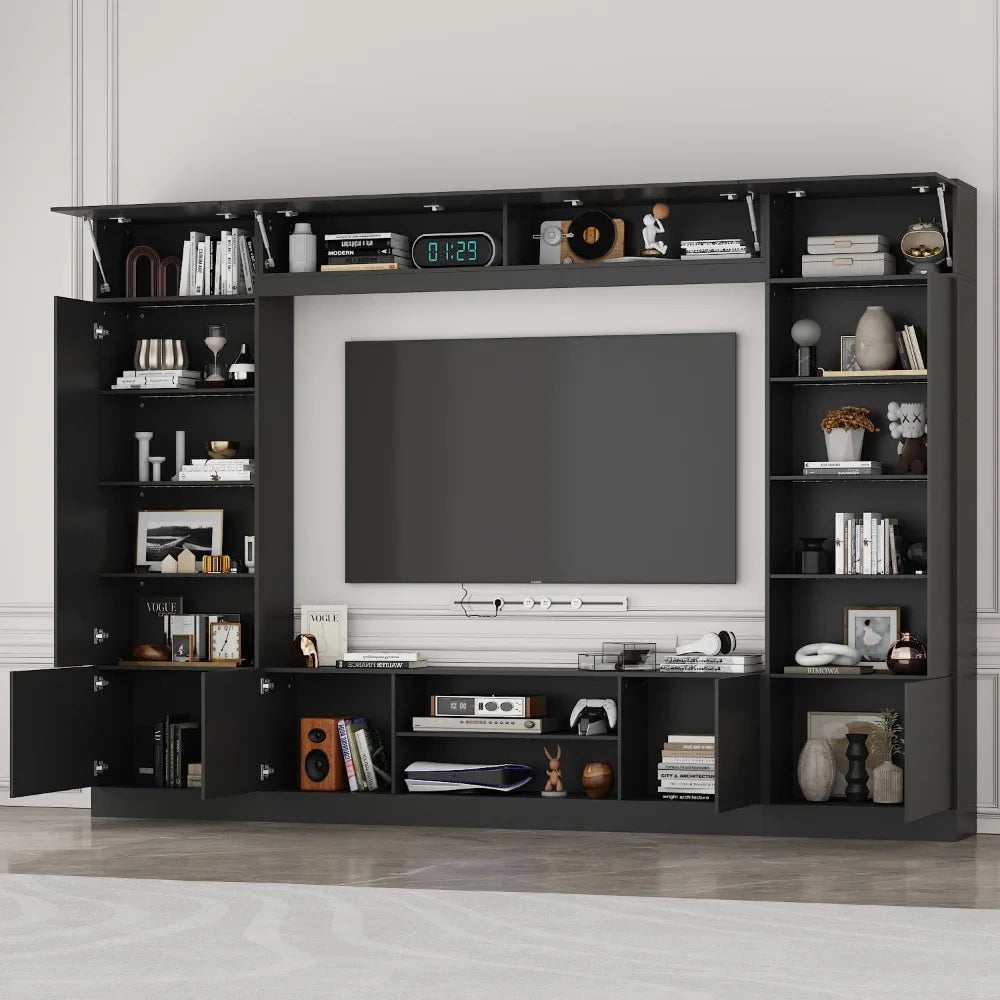 Large Entertainment Center with Storage 114 Inch Wall Unit TV Stand with Bookshelves and Light in White Modern Media Center