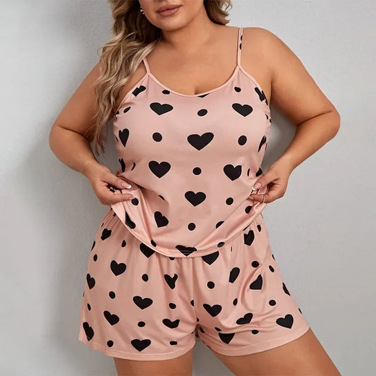 Plus Size Heart Print Women Pajama Set Sleeveless O Neck Crop Top and Elastic Waist Shorts Two Pieces Female Sleepwear Nightwear