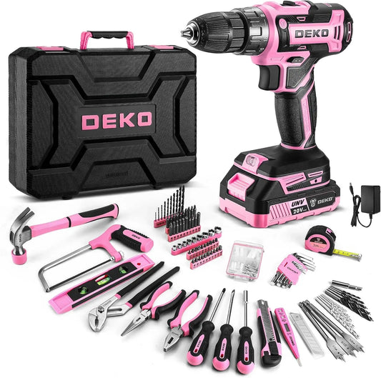 DEKO Pink Drill Tool Kit Set 20V Cordless Power Drill Tool Box with Battery Electric Drill Driver