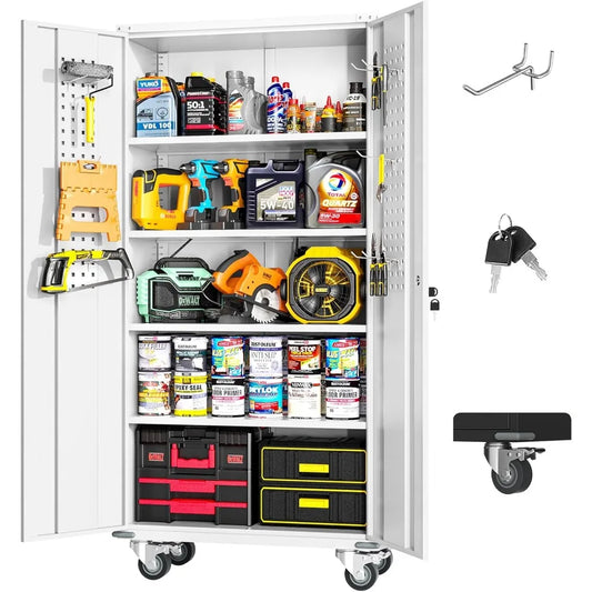 White Metal Storage Cabinet with Wheels 75 Inch Steel Garage Rolling Cabinet with Doors and 4 Shelves Tall Locking Tool Cabinet