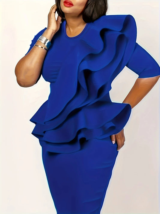 Women's Plus Size Ruffle Peplum Dress Solid Color Round Neck Stretch Polyester Elegant Ruffle Hem All Season Fashion