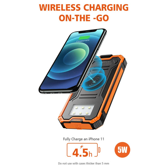20000mAh Solar Power Bank with Wireless Charging Two USB and USB-C Ports Waterproof with Bright LED Flashlight for Outdoor Use