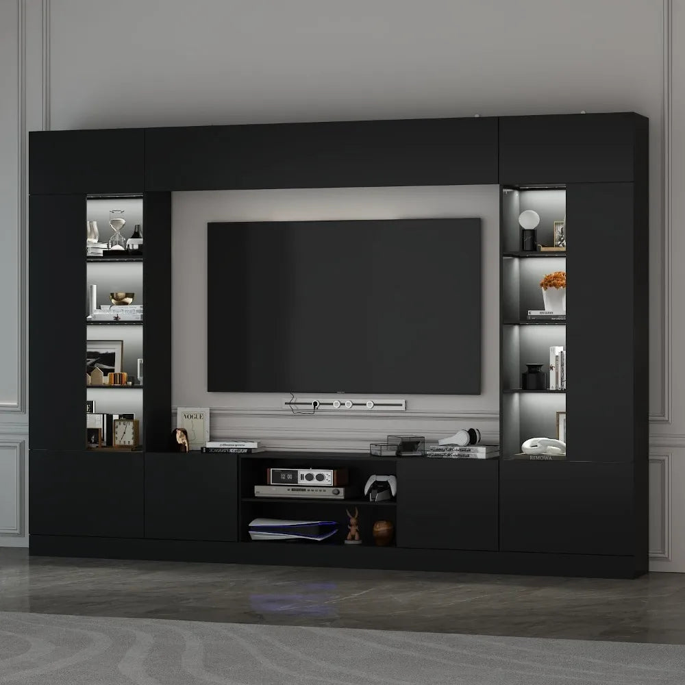 Large Entertainment Center with Storage 114 Inch Wall Unit TV Stand with Bookshelves and Light in White Modern Media Center