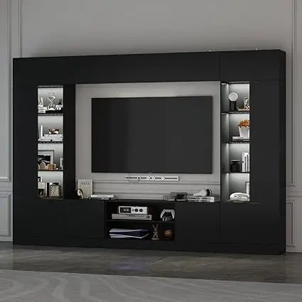 Large Entertainment Center with Storage 114 Inch Wall Unit TV Stand with Bookshelves and Light in White Modern Media Center